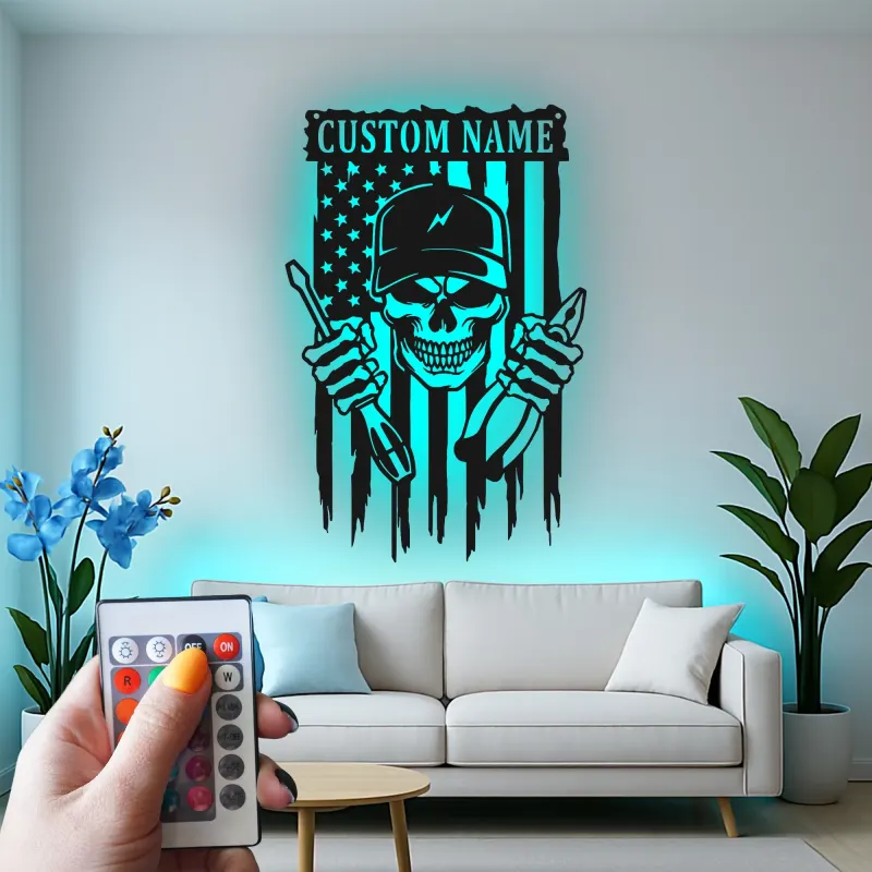 Panneau en métal crâne de mécanicien personnalisé | Décoration murale rétroéclairée pour garage | Cadeau patriotique pour réparateur avec drapeau américain