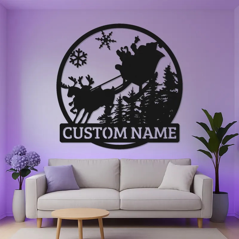 Cartel de metal personalizado de trineo de Santa | Arte mural navideño LED | Decoración navideña personalizada para el hogar | Silueta de reno con nombre