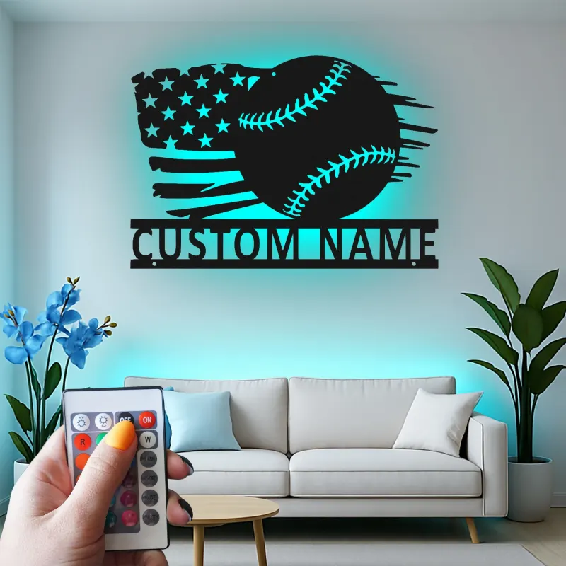 Insegna in metallo personalizzata con luce LED bandiera americana per baseball, regalo sportivo per fan del baseball, decorazione per sala giochi