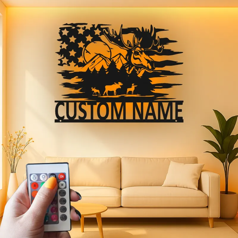 Personalized Moose Metal Sign with LED | Rustic Cabin & Lodge Wall Art | Custom American Flag Wildlife Decor for Hunters