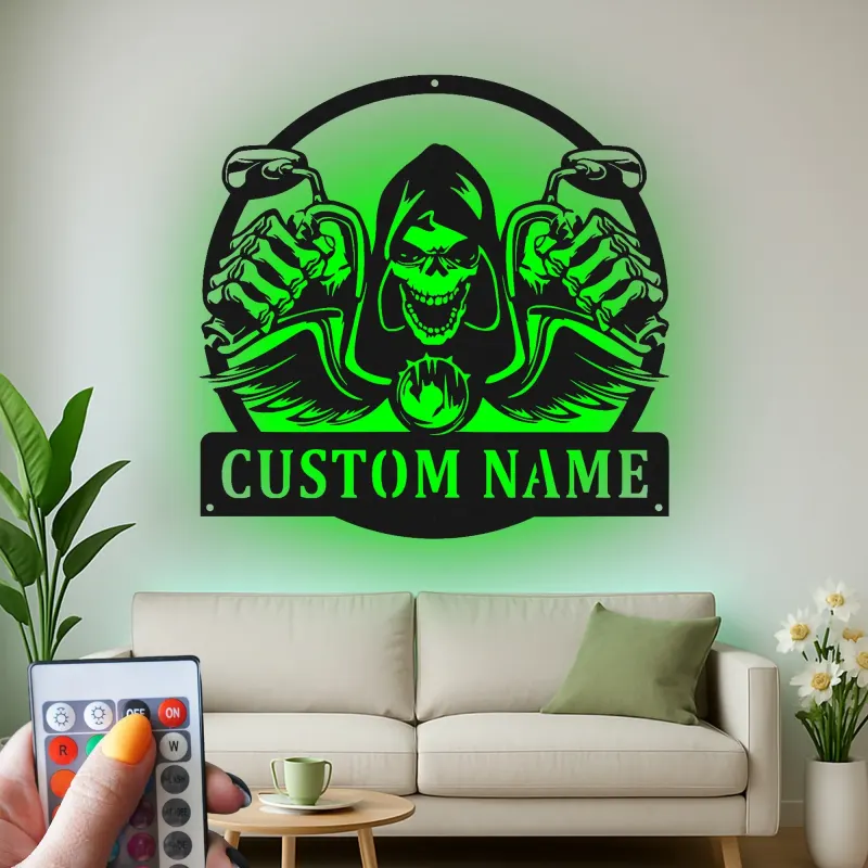 Plaque en métal Faucheuse à moto | Décoration murale LED personnalisée | Plaque motard sur mesure pour garage et man cave