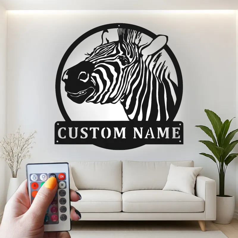 Cartel de metal LED personalizado de cebra, regalo de safari, decoración para salón para amantes de los animales
