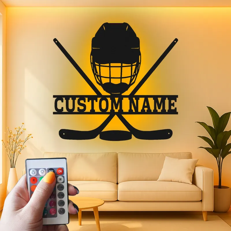 Enseigne personnalisée de hockey | Décoration murale LED en métal pour salle de jeux | Cadeau personnalisé pour joueur de hockey, garçons et fans
