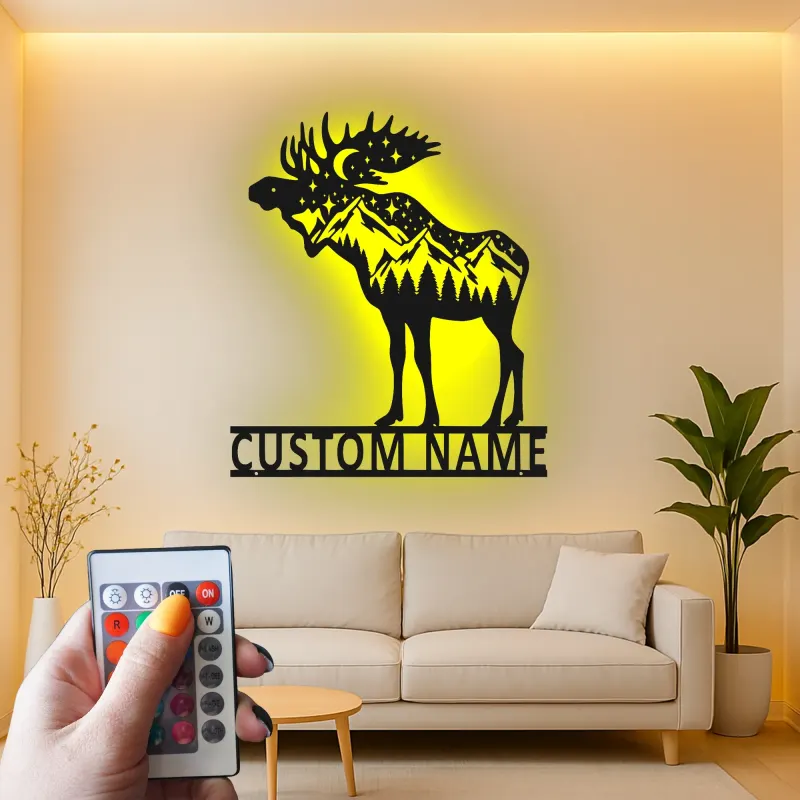 Panneau en métal personnalisé Élan | Décoration murale en métal LED personnalisée | Décor de cabane rustique pour amoureux de la nature