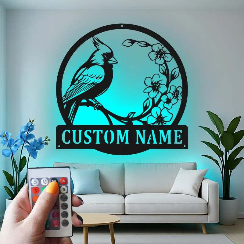Décoration murale en métal personnalisée avec lumière LED cardinal et fleurs