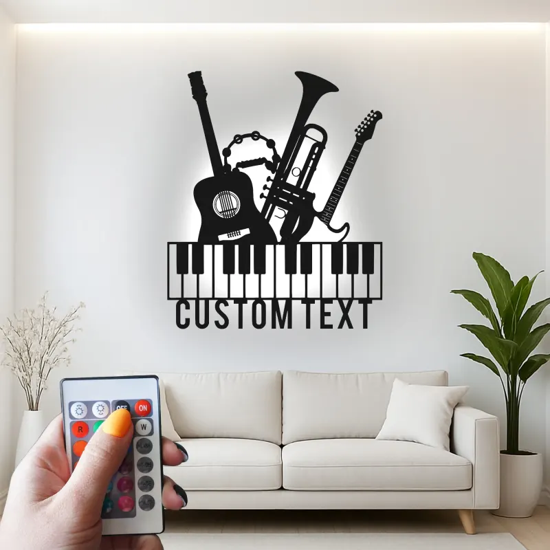 Insegna per Studio Musicale Personalizzata | Arte in Metallo LED per Musicisti | Decorazione Silhouette Strumenti Personalizzati | Regalo per Chitarra, Pianoforte, Tromba