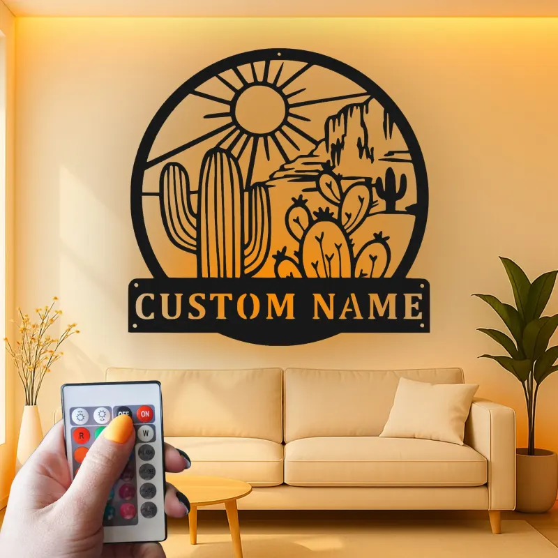 Décoration murale en métal personnalisée Cactus du désert avec rétroéclairage LED Cadeau du Sud-Ouest pour le salon ou la terrasse 3