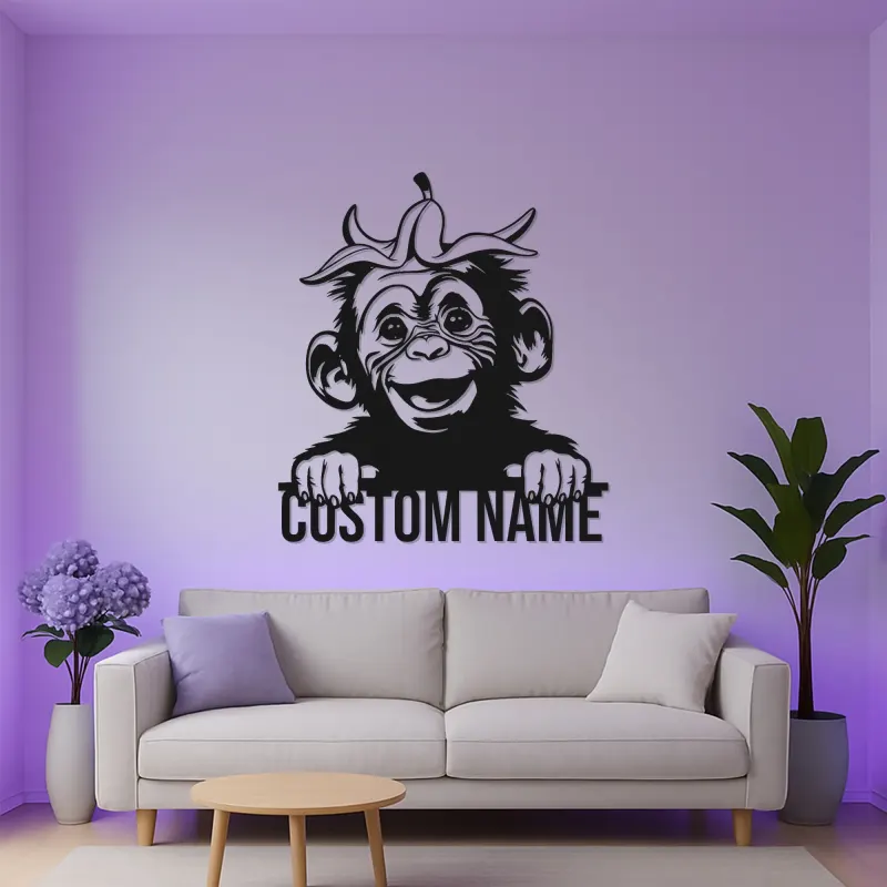 Personalisierte Schimpansen Namensschild | LED Metall-Wandkunst | Lustiges Affenlicht für Kinderzimmer & Babyzimmer | Individuelle Tierdekoration