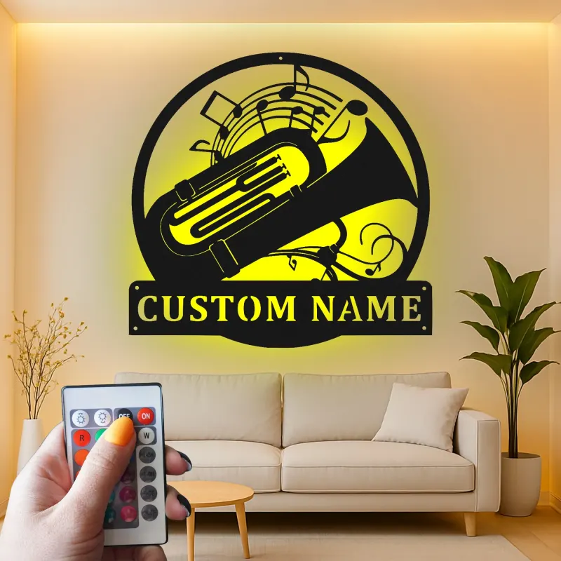 Insegna in metallo personalizzata con tuba LED - Regalo per musicisti - Decorazione per amanti della musica