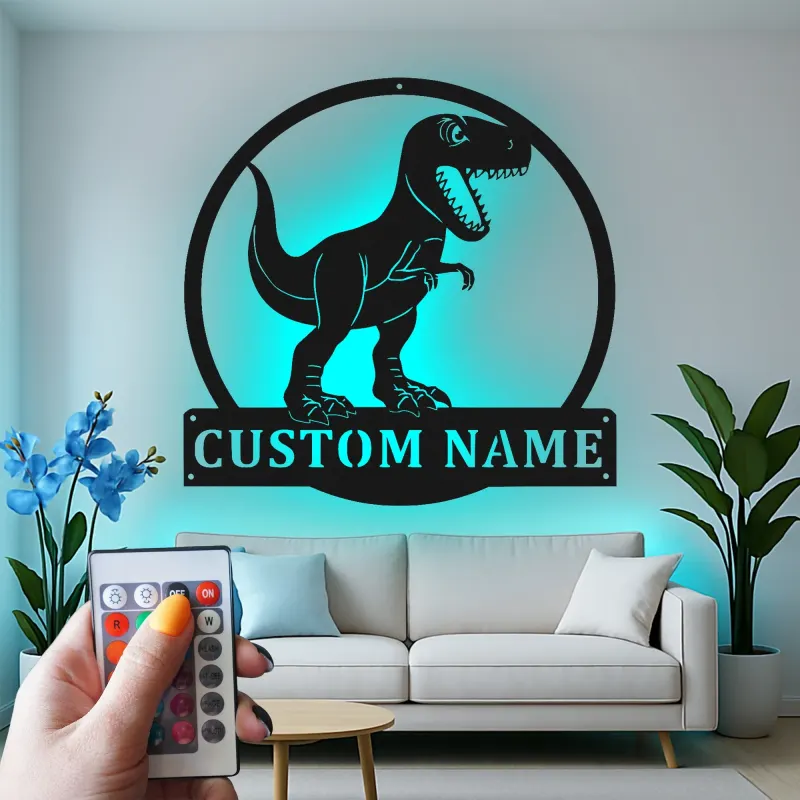 Cartel de metal personalizado de luz LED de dinosaurio T-Rex regalo personalizado para la habitación o sala de juegos de los niños 1