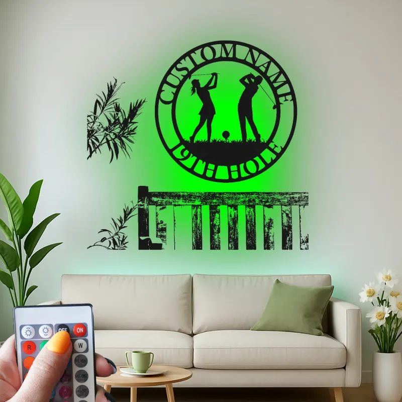 Enseigne LED de golf personnalisée | Décoration murale en métal sur mesure pour bar maison | Déco 19e trou avec prénom | Cadeau pour couple golfeur