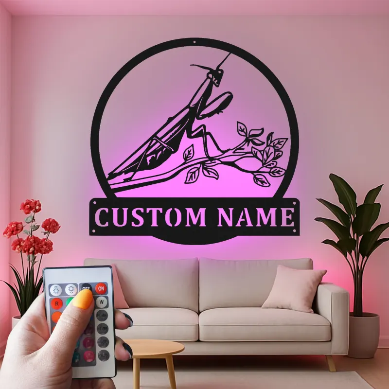 Praying Mantis LED Metal Art | Custom Name Sign for Garden Lovers | Realistic Insect Wall Decor