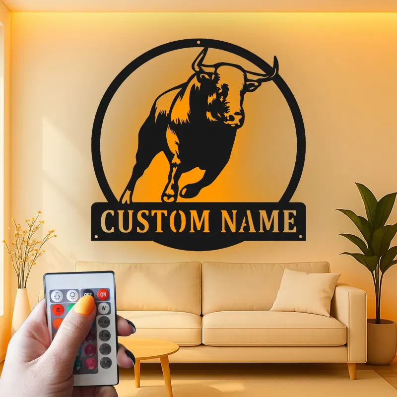 Insegna in metallo personalizzata con luce LED a forma di toro per decorare il ranch, regalo in stile western per la man cave