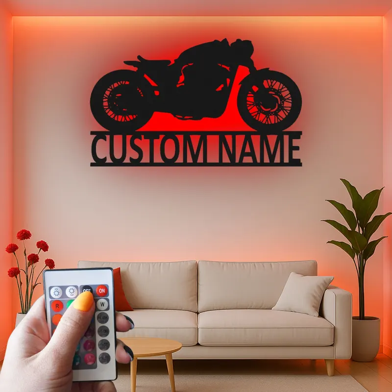 Insegna metallica personalizzata Cafe Racer | Arte murale LED per moto | Arredo garage personalizzato e regalo per biker