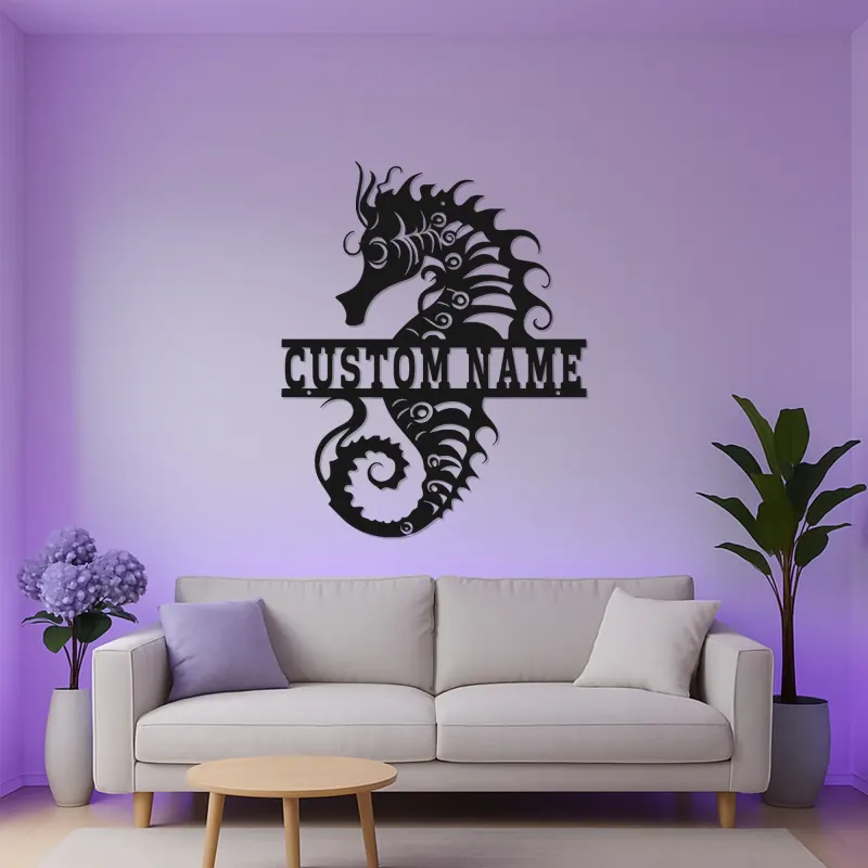 Insegna in Metallo Personalizzata Cavalluccio Marino | Arte Murale LED con Nome | Decorazione per Casa Costiera | Regalo per Casa al Mare