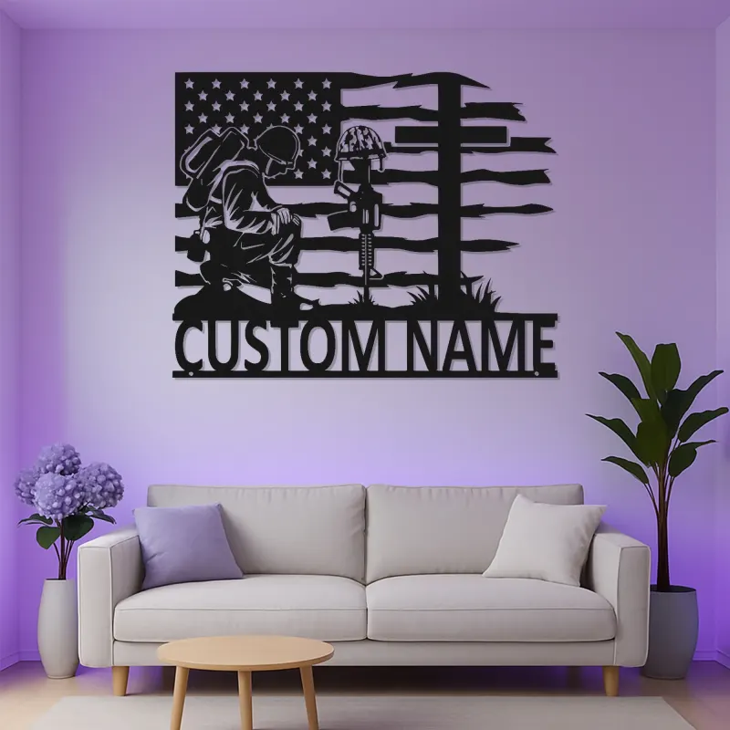 Kneeling Soldier Metal Sign | Custom Military Memorial Wall Art | Personalized Veteran Remembrance Gift with LED