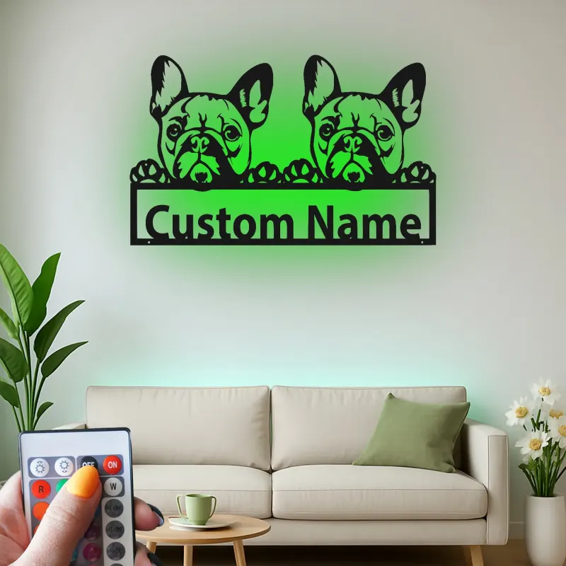 Insegna in metallo personalizzata con Bulldog Francese | Decorazione murale LED su misura | Regalo per lei amante dei cani | Arredo con nome del pet