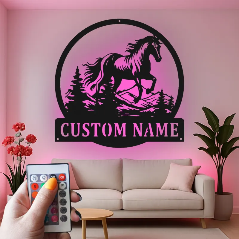 Insegna in metallo personalizzata con LED | Arte murale equestriana personalizzata | Regalo per amanti dei cavalli