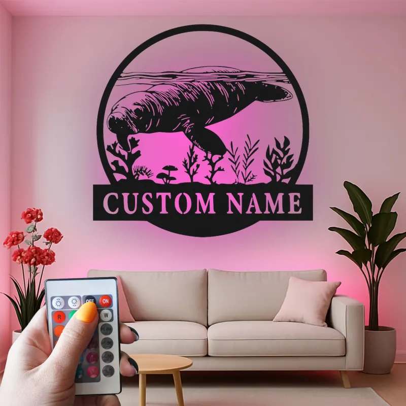Individuelle Manatee Metall-Wandkunst | Personalisierte LED-Ozeanschild für Küstendekor | Nautisches Geschenk für das Meeresleben