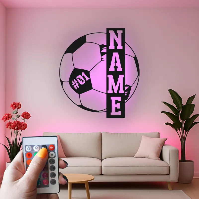 Cartel de metal personalizado de fútbol | Arte mural de metal LED | Número de jugador personalizado | Decoración de habitación de niño y regalo para atleta