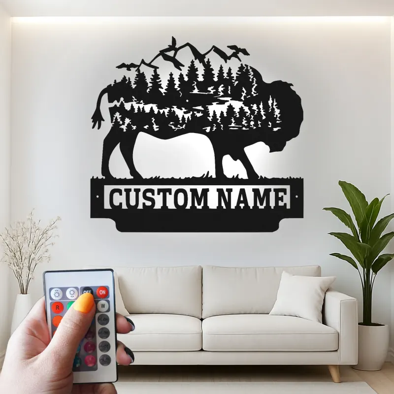 Insegna in metallo LED personalizzata con bufalo e wilderness - Regalo per amanti della natura, decorazione per cabin rustica