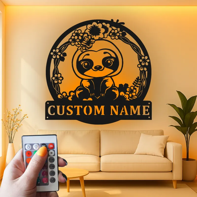 Custom Sloth Led Light Metal Wall Art Personalized Gift for Kids Nursery Animal Decor