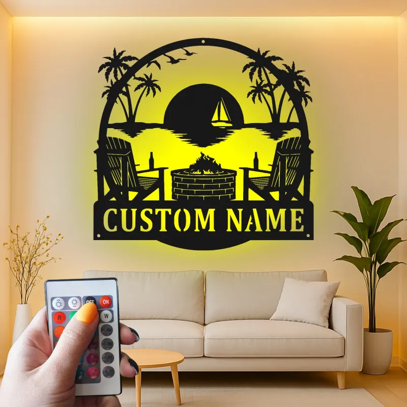 Décoration murale en métal personnalisée coucher de soleil sur la plage avec rétroéclairage LED cadeau pour couples décoration de patio ou salon