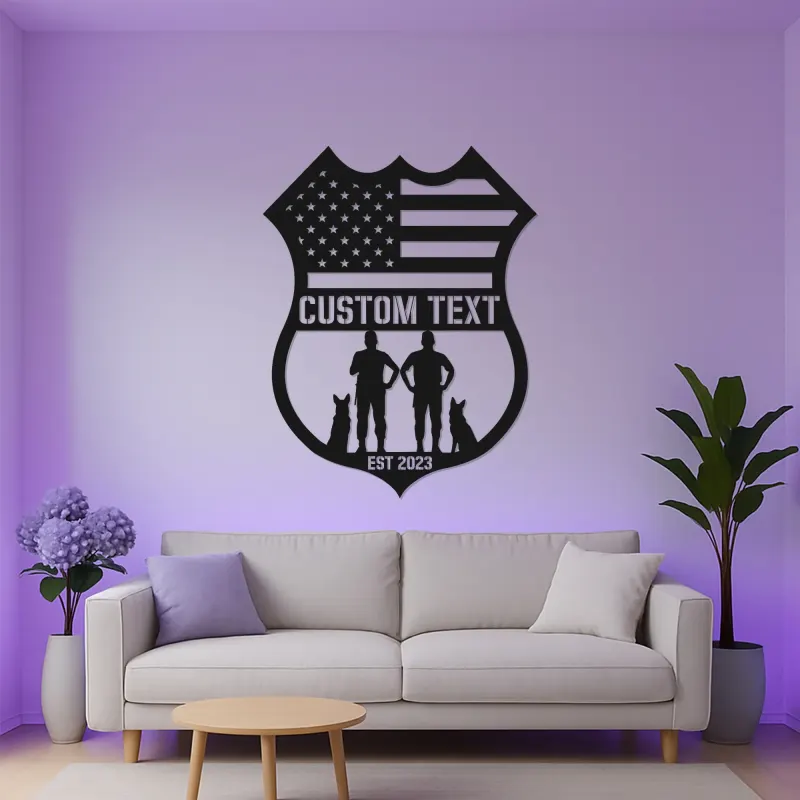 Police Officer & K9 Unit LED Sign | Personalized Law Enforcement Metal Art | Custom American Flag Shield | Police Officer Gift