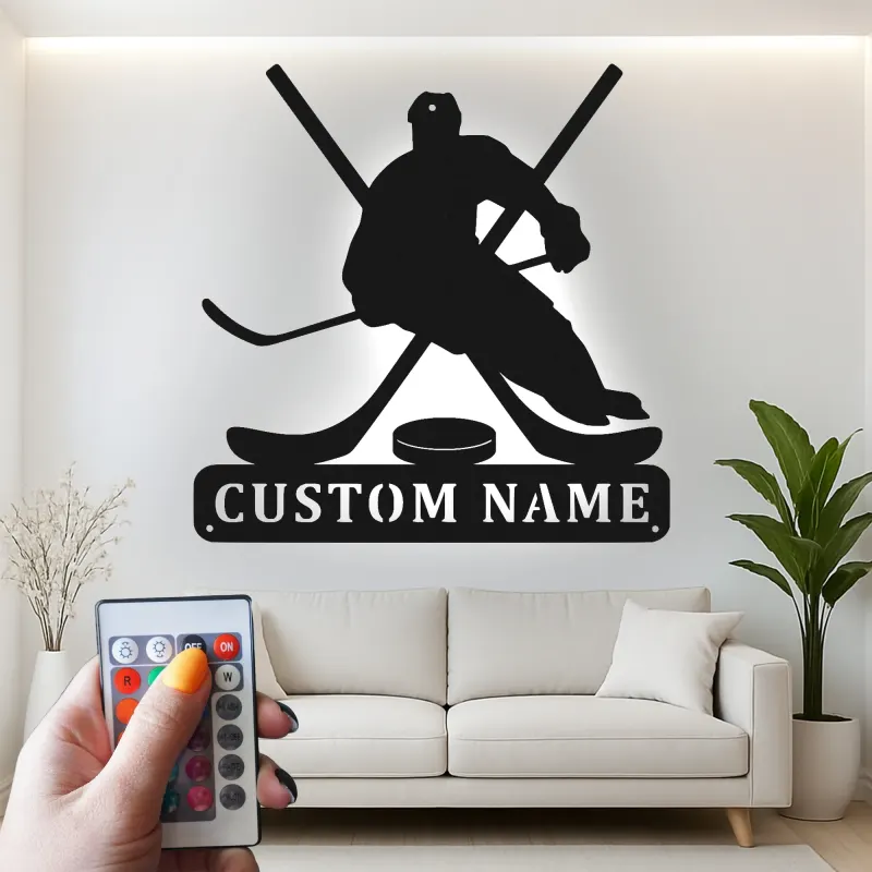 Custom Hockey Player Metal Sign | LED Light Wall Art | Personalized Game Room Decor | Hockey Fan Gift
