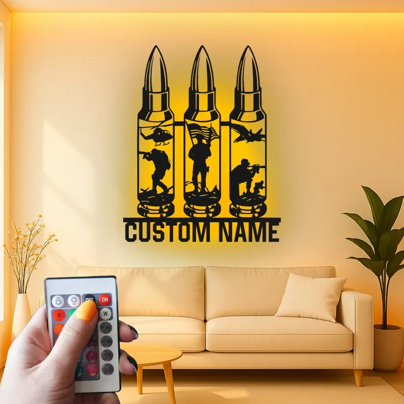 Personalized Soldier Silhouette LED Sign | Custom Military Metal Wall Art | Patriotic Veteran Tribute | Man Cave Decor With Name