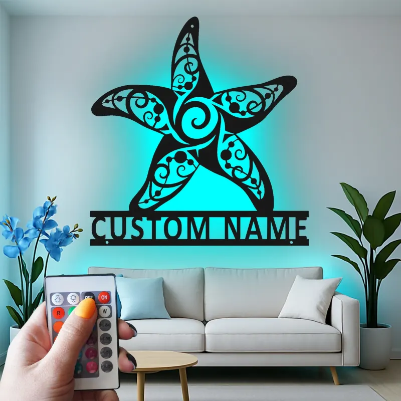 Art mural en métal étoile de mer avec rétroéclairage LED | Panneau de nom personnalisé pour décor côtier | Cadeau de maison de plage nautique sur mesure et signalétique d'entreprise