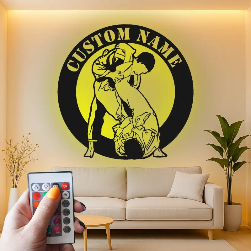 Panneau en métal LED BJJ personnalisé | Art mural de grappling personnalisé | Décor de dojo d'arts martiaux