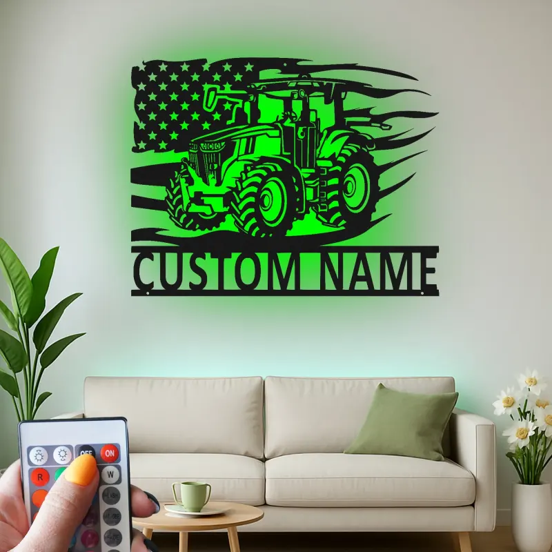 Décoration murale en métal personnalisée avec tracteur et drapeau américain en rétroéclairage - Cadeau pour agriculteur - Décor rustique de ferme