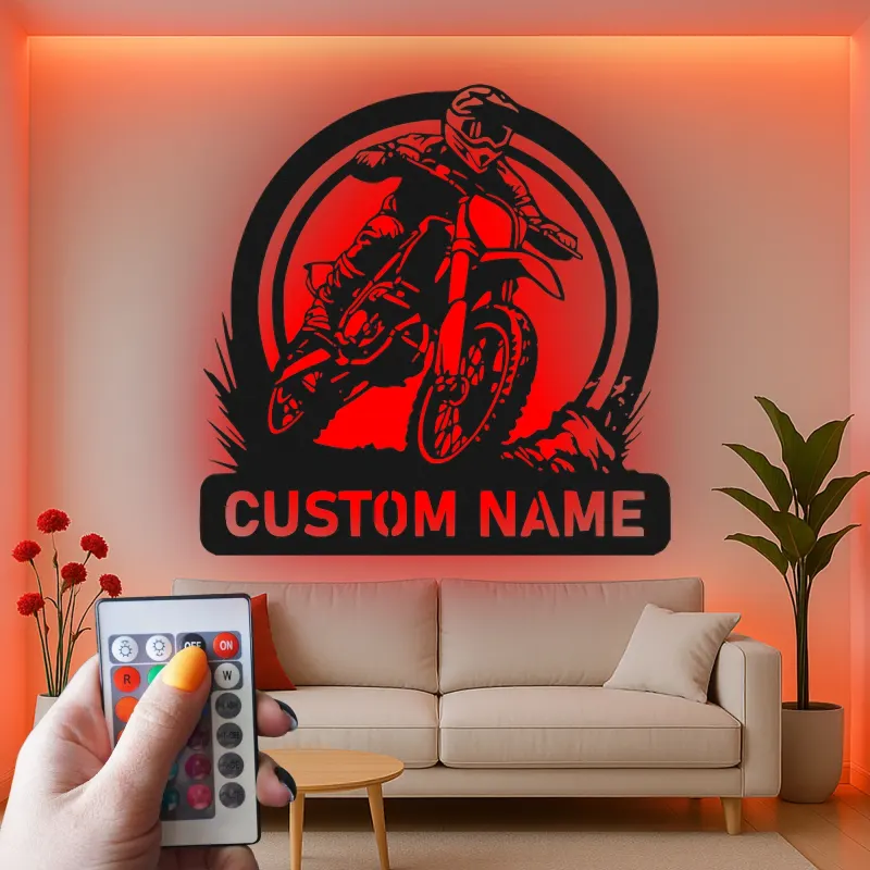 Personalisierte Metall-Wandkunst mit LED-Beleuchtung für Motocross-Fahrer – Geschenk für Dirtbike-Enthusiasten, Garage oder Spielzimmer Dekor