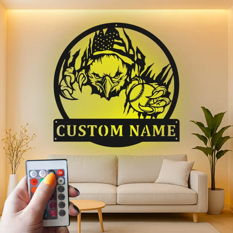 Insegna in metallo LED personalizzata a forma di aquila e baseball - Regalo personalizzato per appassionati di baseball, decorazione per sala giochi