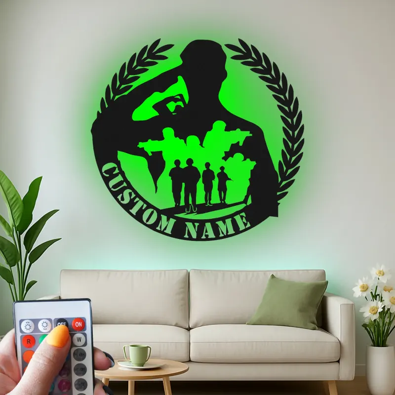 Panneau LED Soldat Saluant | Hommage Militaire Personnalisé | Décoration de Nom de Vétéran sur Mesure | Art Murale Patriotique