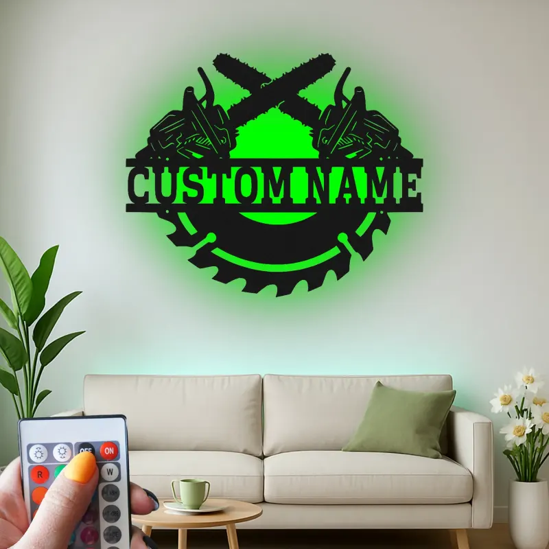 Insegna in metallo personalizzata con luce LED a forma di motosega e lama di sega, regalo unico per falegnami