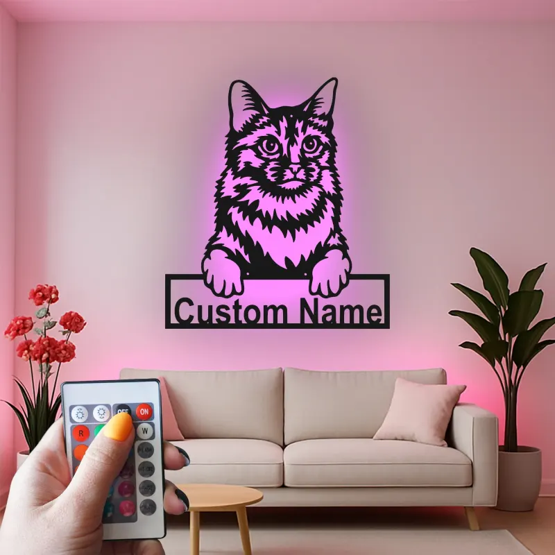 Insegna in metallo personalizzata con luce LED per gatti - Regalo per amanti dei gatti, decorazione per soggiorno o camera da letto