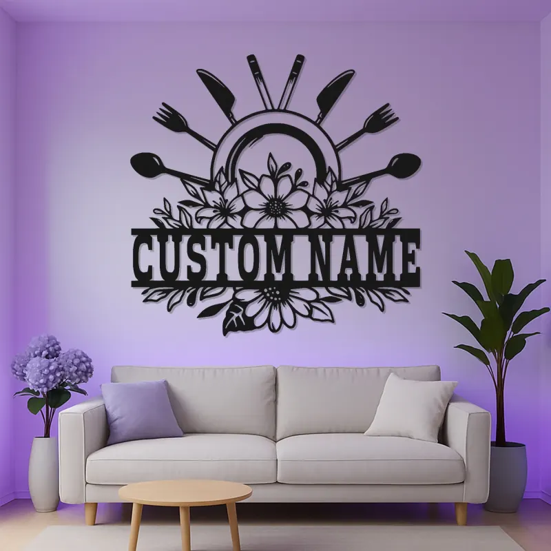 Plaque de cuisine personnalisée | Décoration murale en métal LED avec fleurs | Décor sur mesure avec ustensiles de chef | Cadeau pour maman pour restaurant et maison