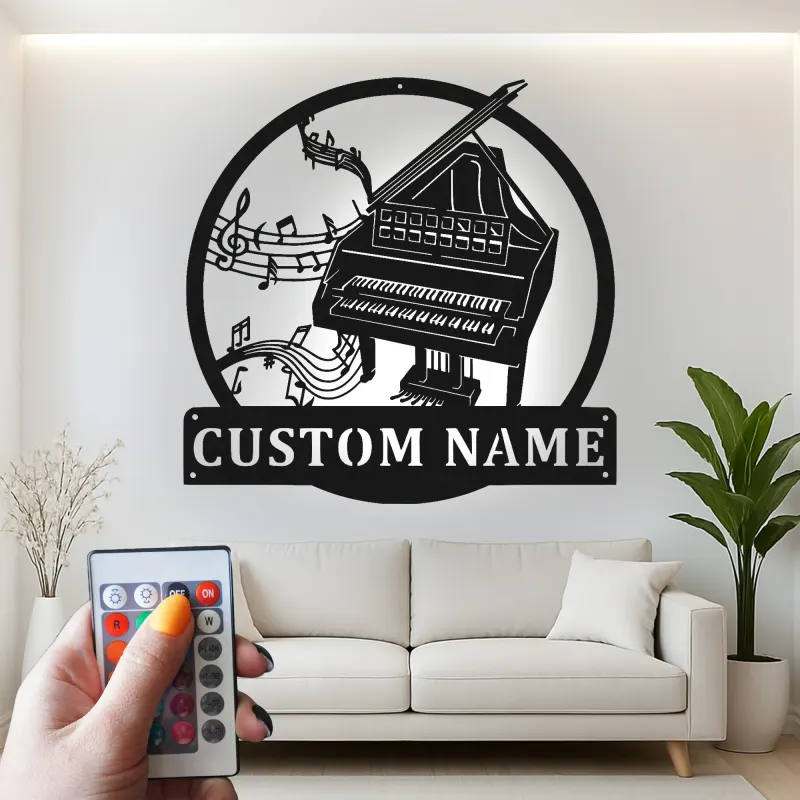 Panneau piano personnalisé avec LED | Décoration murale en métal sur mesure pour salle de musique | Déco silhouette piano à queue | Cadeau pour pianiste