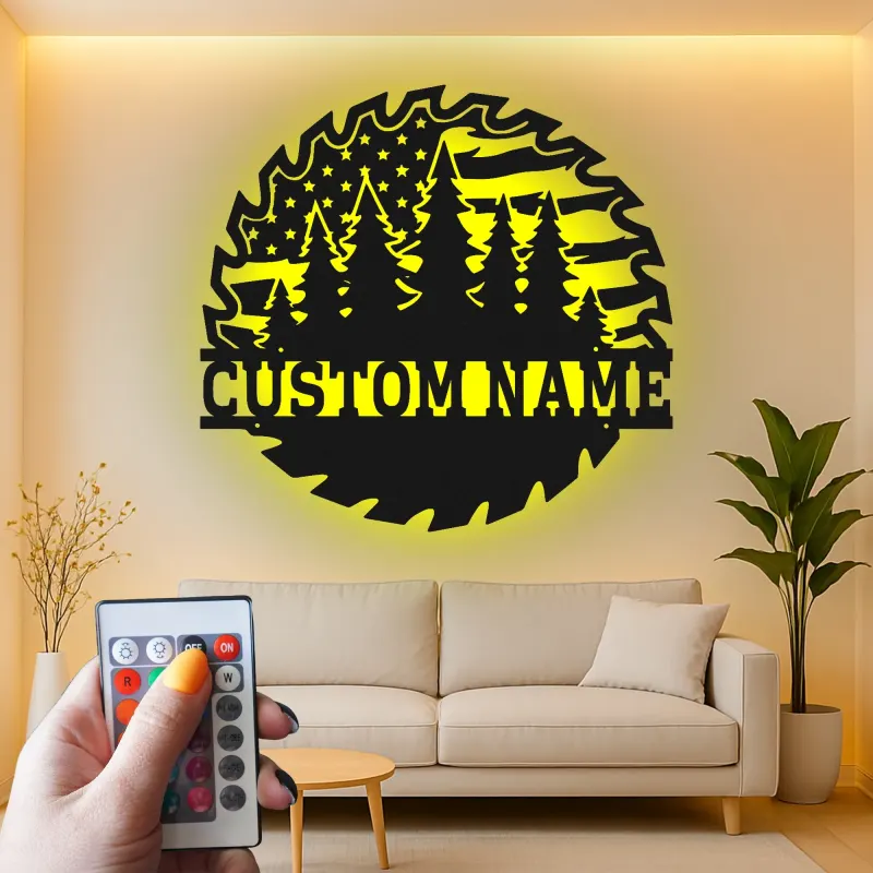 Personalized Saw Blade Metal Sign | Forest & Flag LED Wall Art | Custom Name Cabin Decor | Outdoorsman Gift for Him