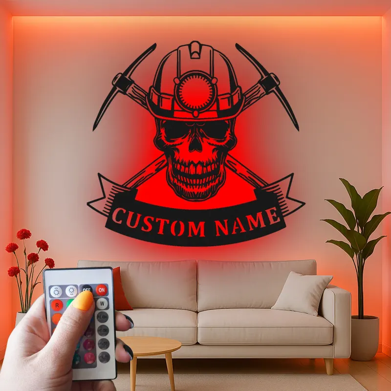 Personalisierte Kohlenbergmann Schädeltafel | LED Metall-Wandkunst für Man Cave | Vintage Bergmannhelm & Pickaxe Dekor | Geschenk für Ihn