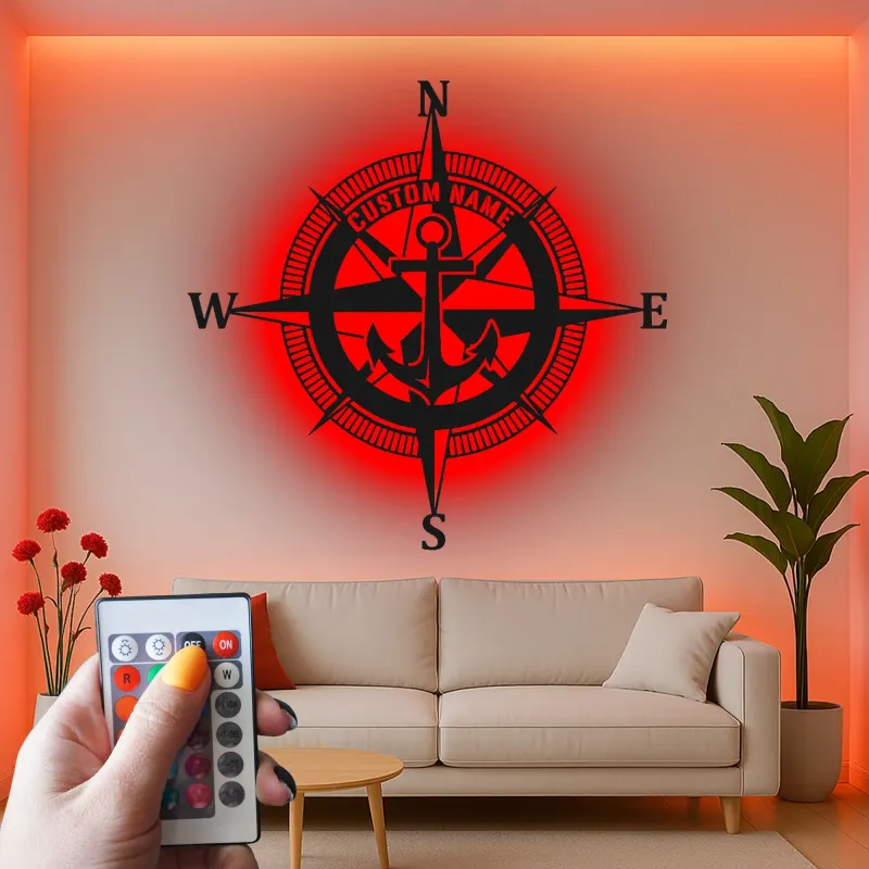 Insegna LED Personalizzata con Bussola Nautica | Insegna in Metallo con Ancora | Decorazione Costiera per Casa e Barca
