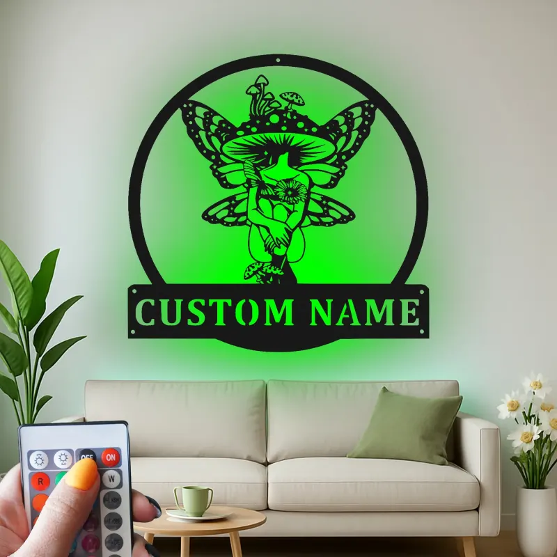 Cartel de nombre de hada personalizado | Arte mural de metal LED | Decoración de setas místicas para dormitorio | Regalo personalizado para amantes de hadas