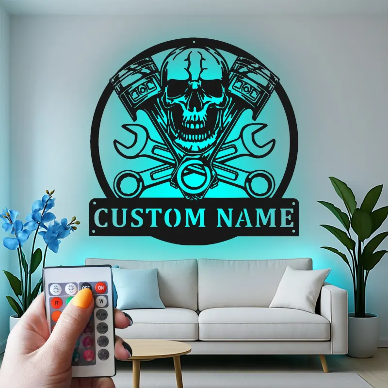 Custom Skull LED Metal Sign | Personalized Piston & Wrench Wall Art | Mechanic Garage Decor for Him | Man Cave Sign
