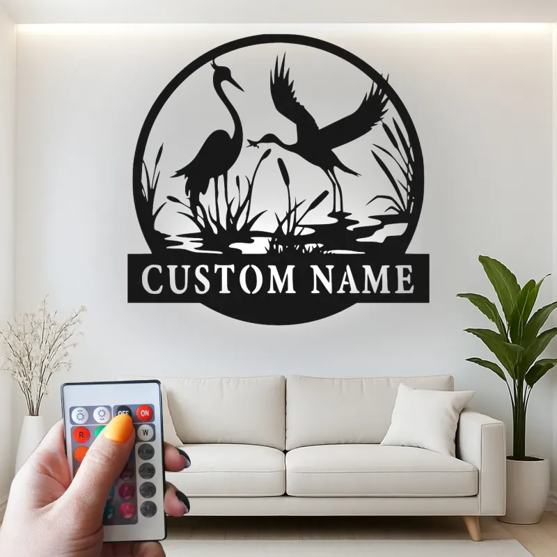 Décoration murale en métal personnalisée avec silhouette de grue et rétroéclairage LED - Cadeau pour les amoureux de la nature, décoration pour chambre ou salon