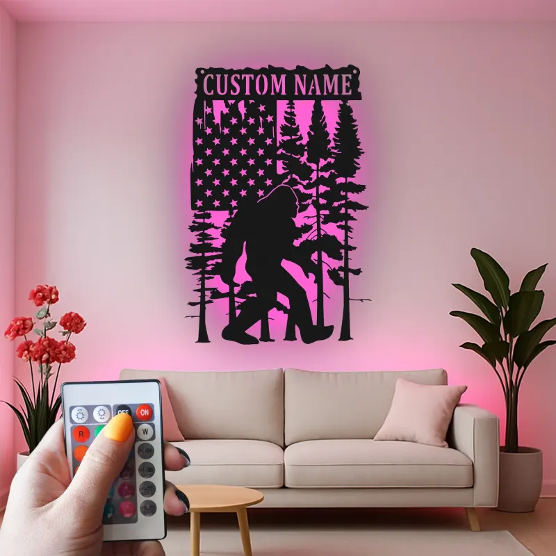 Custom Bigfoot American Flag Led Light Metal Wall Art Unique Gift for Outdoor Enthusiasts Rustic Cabin Decor