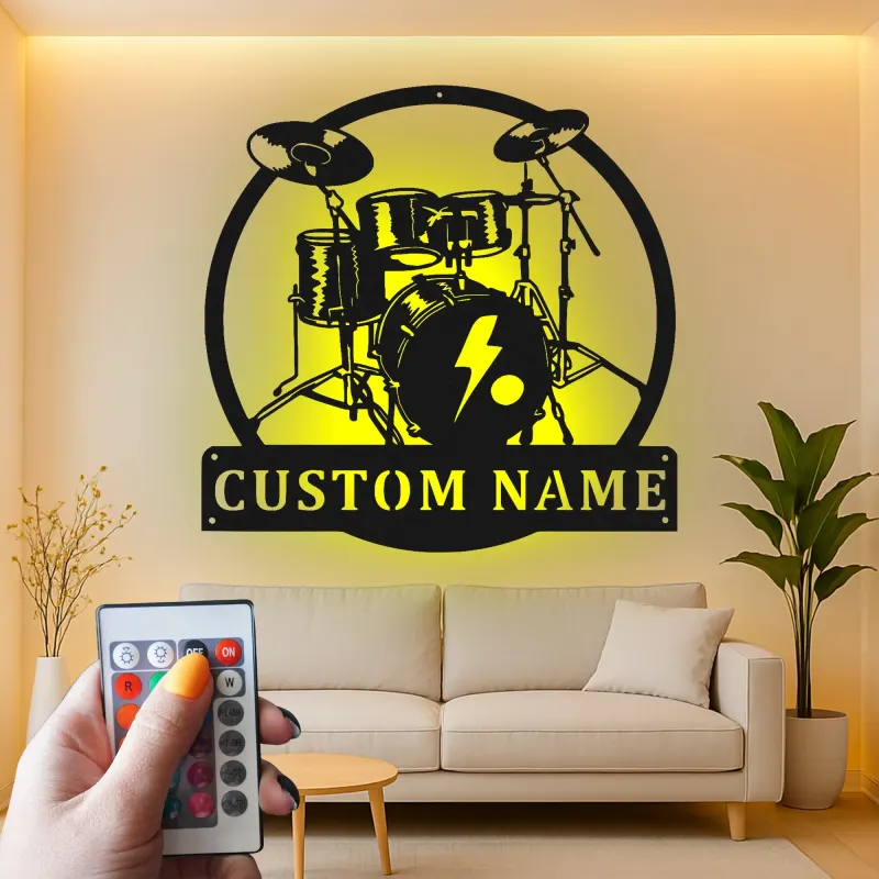 Insegna in metallo LED a forma di set di tamburi personalizzata Regalo per musicisti Decorazione per studio musicale o camera da letto