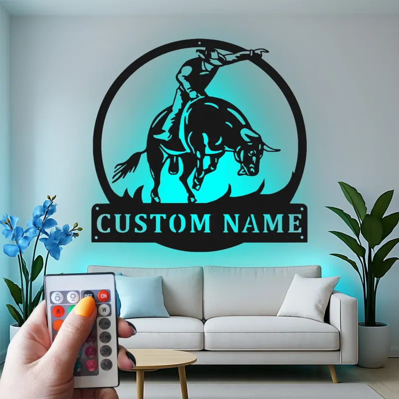 Insegna in metallo personalizzata Rodeo Bull Rider | Arte murale in metallo LED per decorazioni western e ranch | Regalo per cowboy