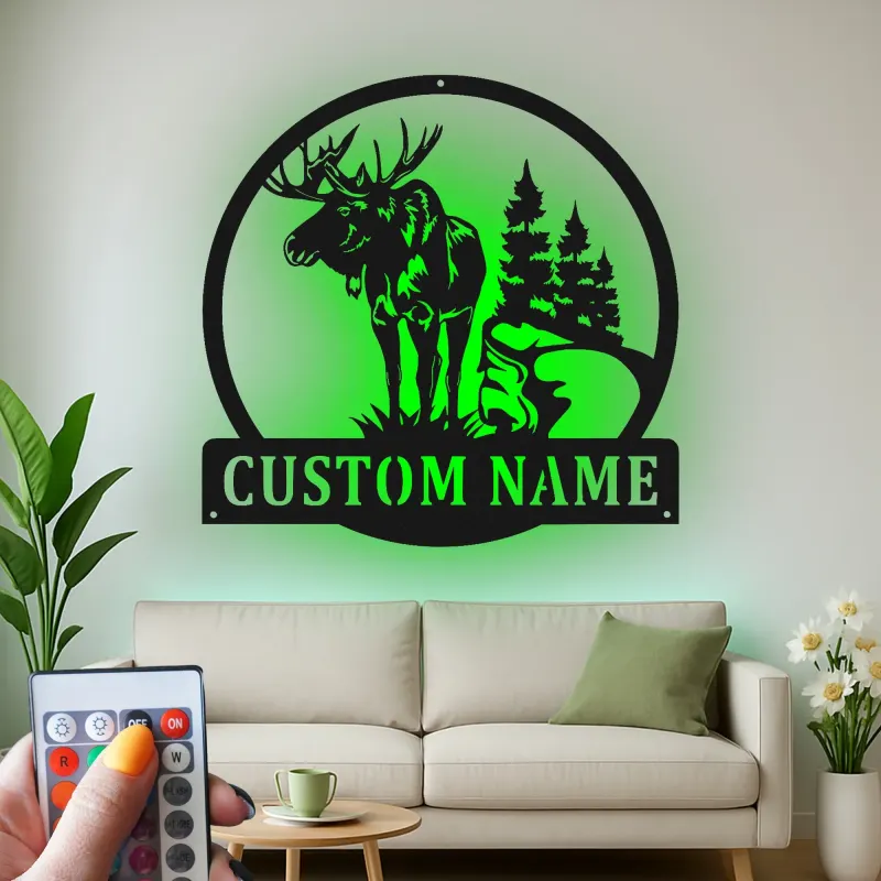 Panneau en métal personnalisé avec élan et lumières LED | Art mural personnalisé pour cabane | Décoration rustique de forêt et de faune | Cadeau pour chalet de chasseur